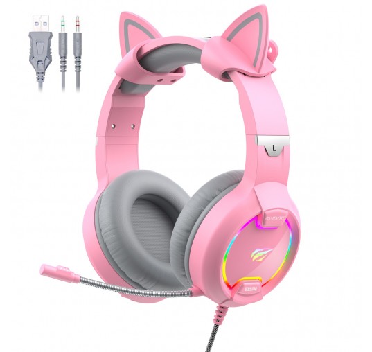 GAMENOTE H2233d Casque gaming fille rose avec oreilles de chat éclairage RGB pour PC & console - Haut-parleur 50mm