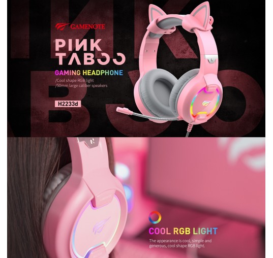GAMENOTE H2233d Casque gaming fille rose avec oreilles de chat éclairage RGB pour PC & console - Haut-parleur 50mm