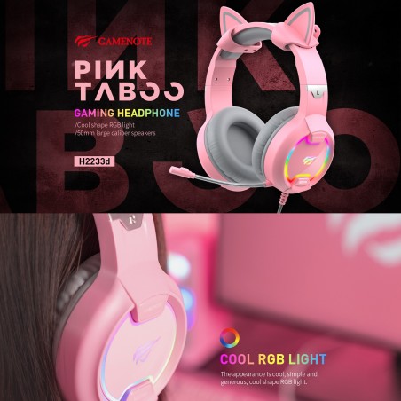 GAMENOTE H2233d Casque gaming fille rose avec oreilles de chat éclairage RGB pour PC & console - Haut-parleur 50mm