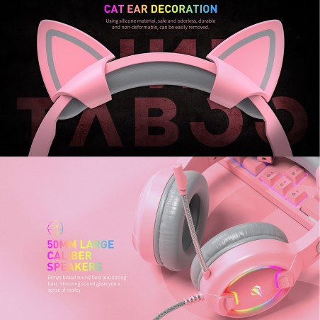 GAMENOTE H2233d Casque gaming fille rose avec oreilles de chat éclairage RGB pour PC & console - Haut-parleur 50mm
