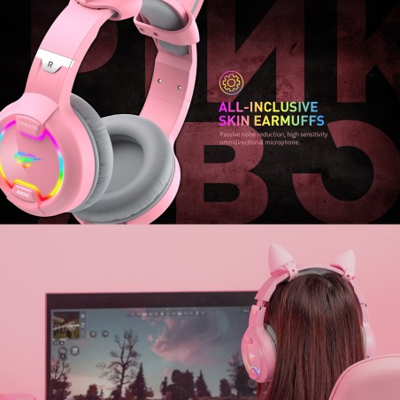 GAMENOTE H2233d Casque gaming fille rose avec oreilles de chat éclairage RGB pour PC & console - Haut-parleur 50mm
