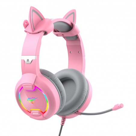 GAMENOTE H2233d Casque gaming fille rose avec oreilles de chat éclairage RGB pour PC & console - Haut-parleur 50mm