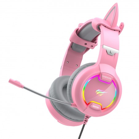 GAMENOTE H2233d Casque gaming fille rose avec oreilles de chat éclairage RGB pour PC & console - Haut-parleur 50mm