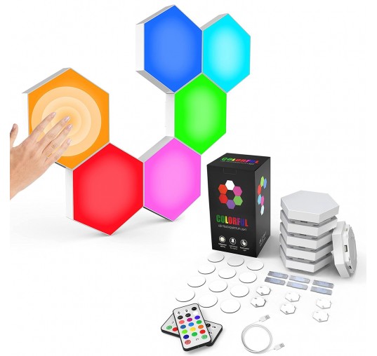 Pack de 6 lampes hexagonales LED tactiles 6 Led RGB - Contrôle par télécommande - Alimentation USB - Interconnectables