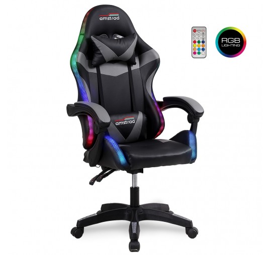 Fauteuil gaming Amstrad AMS-900-LED-BK - simili cuir noir et gris - Eclairage LED 366 effets - Télécommande