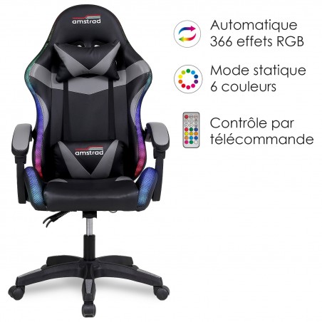 Fauteuil gaming Amstrad AMS-900-LED-BK - simili cuir noir et gris - Eclairage LED 366 effets - Télécommande
