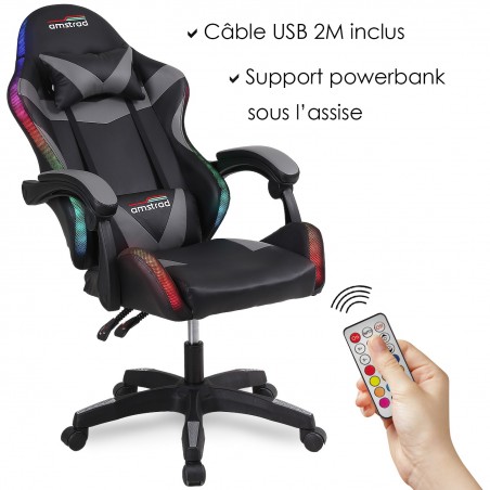 Fauteuil gaming Amstrad AMS-900-LED-BK - simili cuir noir et gris - Eclairage LED 366 effets - Télécommande